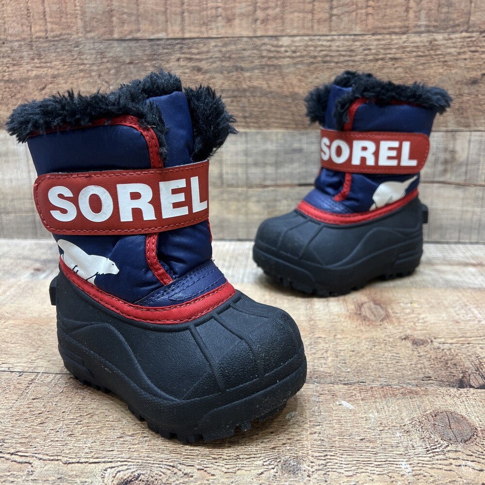 Sorel Toddler Boys Baby Winter Snow Boots Blue/Black/Red Faux Fur Size 5